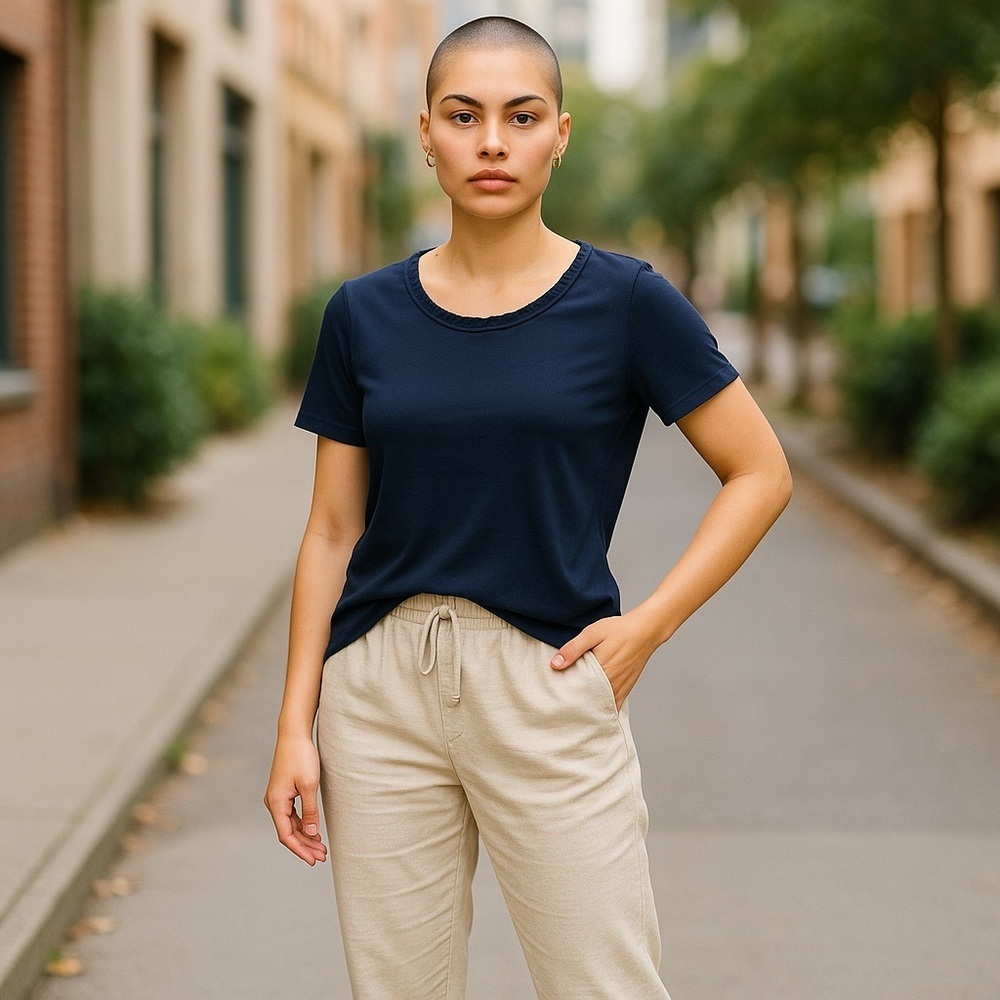 Talbots navy blue tee with braided neckline accent.